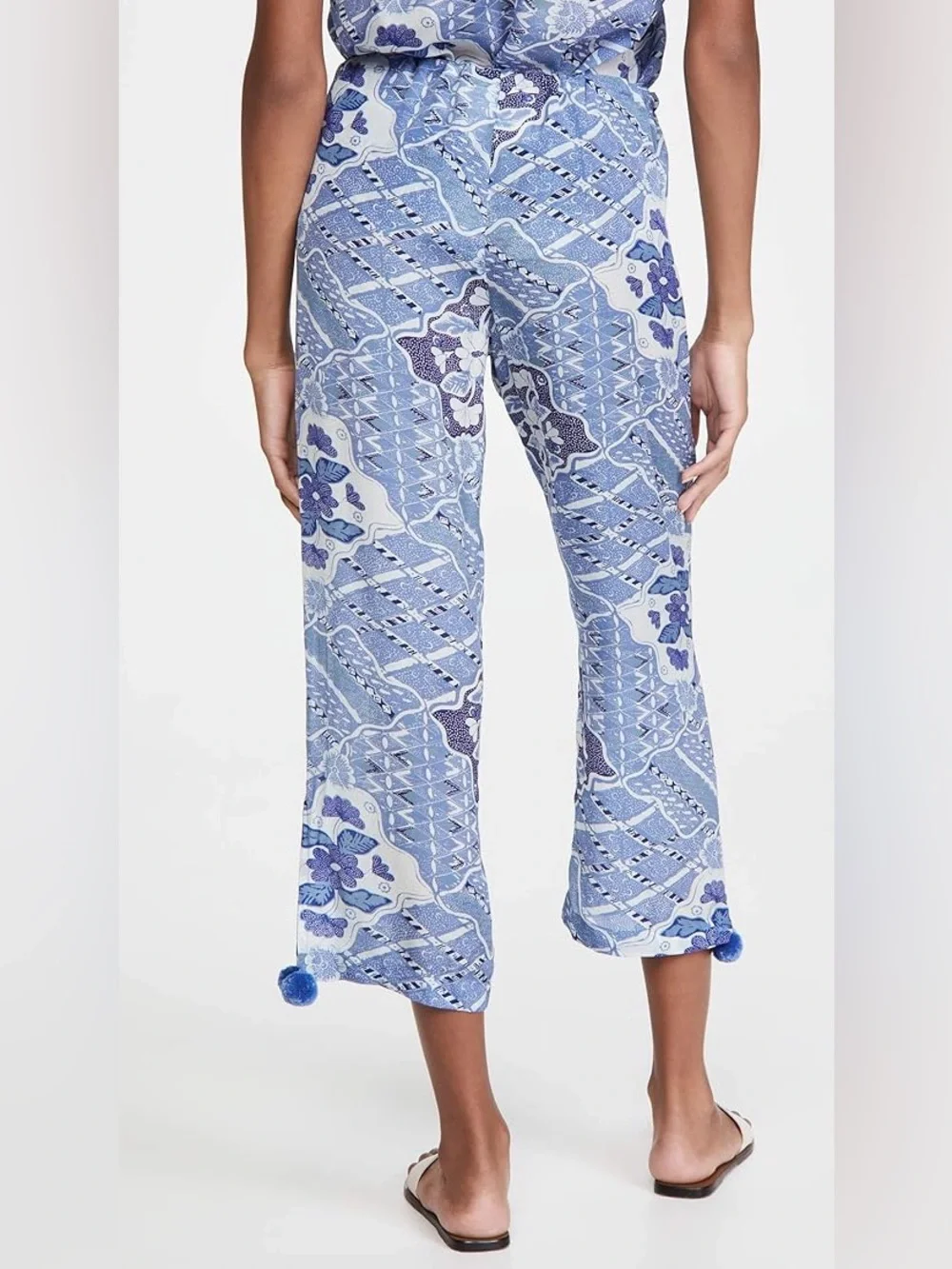 Figue Goa Drawstring Blue Wide Leg Pants Size L‎ Cropped High Rise Pompoms Trim